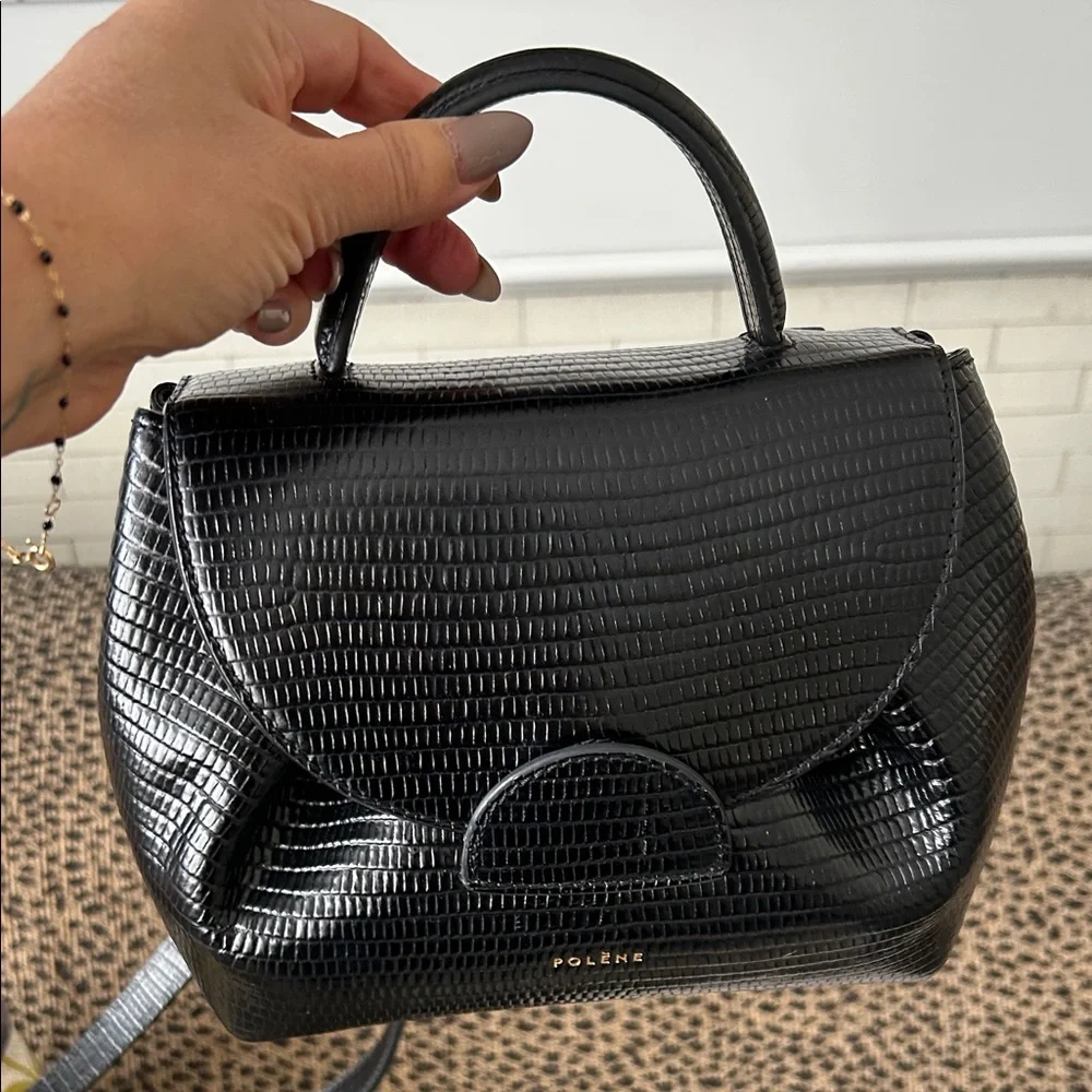 Polene Numéro Un Nano Crocodile Textured Black Leather Crossbody Bag - Picture 1 of 9